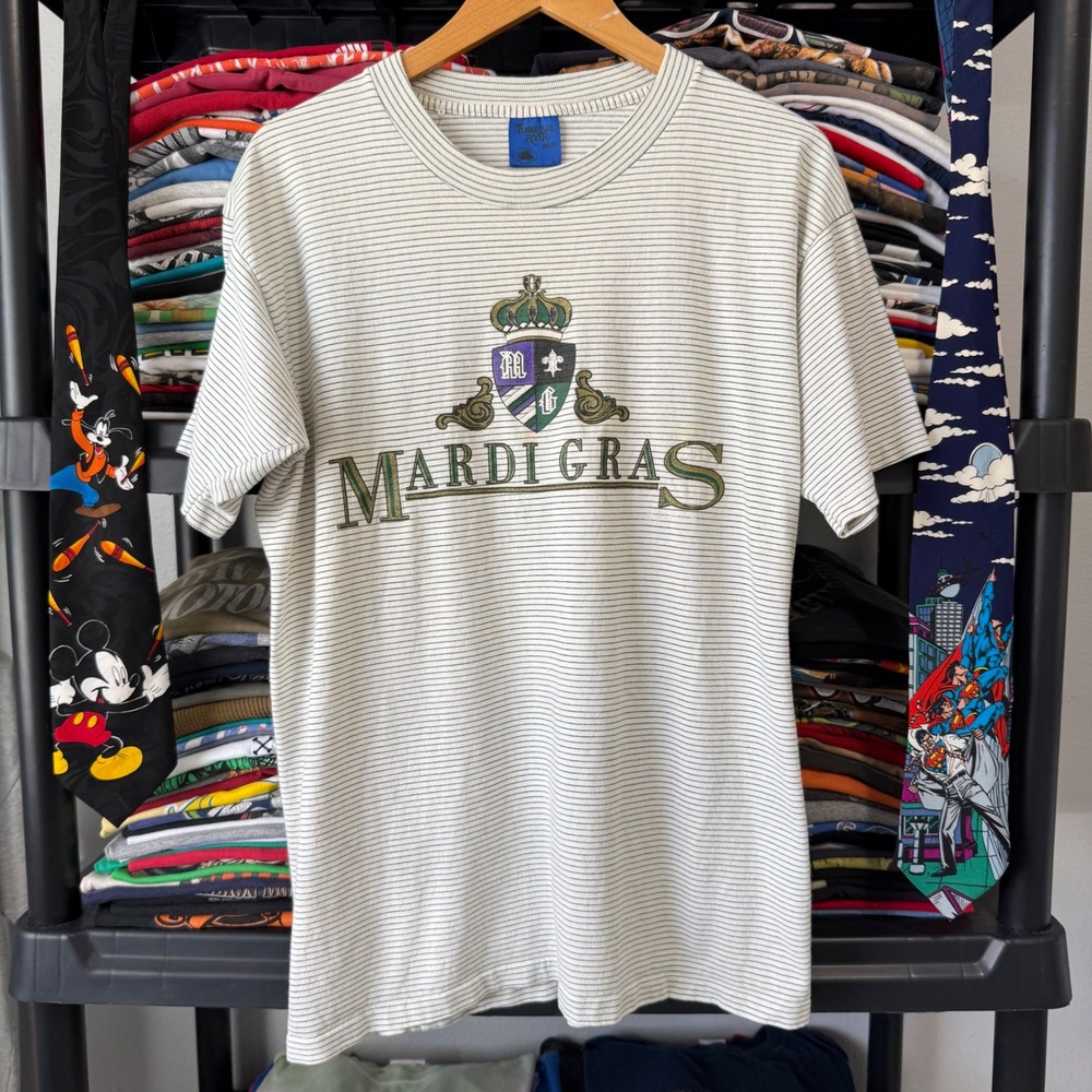 Vintage White Mardi Gras Crest Striped Graphic T-Shirt Large Light Marks